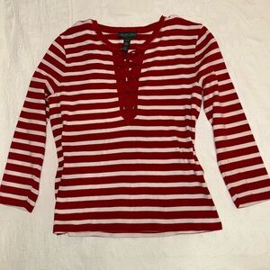 Ralph Lauren Red and White Striped Quarter Sleeve Lace Up Top